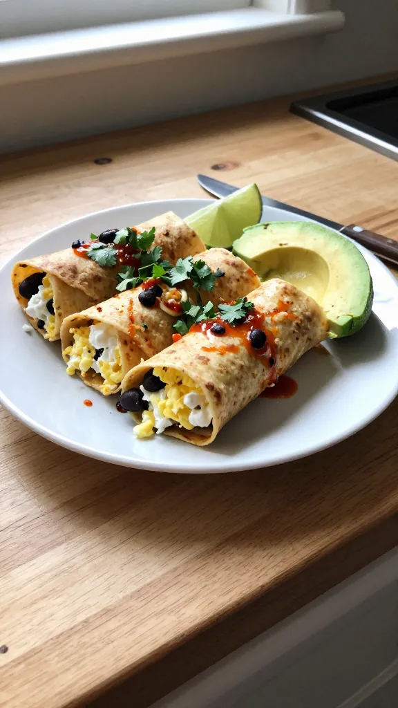 A realistic, candid photo of spicy southwestern egg & cottage cheese roll-ups on a light wooden kitchen counter, with a rustic, imperfect vibe. The main subject should be the rolled tortilla slices filled with eggs, cottage cheese, black beans, and a hint of salsa, garnished with cilantro and a squeeze of lime, plus a few slices of avocado for creaminess. The scene is shot as if taken with an iPhone in natural window light, no staging, in a hurry. Include casually arranged plate, slight clutter, a few stray tortilla crumbs, and the roll-ups partially cut to reveal the filling. Capture natural imperfections: slightly overexposed highlights on the plate edge, subtle lens flare from the window, minor motion blur from a quick hand shake, grain that varies with light, and a slightly tilted horizon. No words on the image. Composition should feel real and unpolished: fingerprint on the lens, a small reflection in the knife blade, and a casual, homey setting. The image should look like compressed, 1080p quality, shot quickly, with no heavy post-processing beyond a light, natural warmth and a tiny bit of smart blur/sharpening to mimic quick phone editing. No text.
