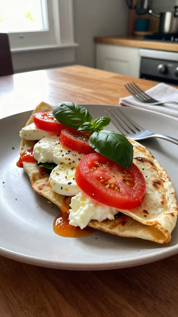 A real, authentic photo of a Caprese-Style Egg Cottage Cheese Quesadilla as the main subject, photographed in a casual, home-kitchen setting. The quesadilla is folded or half-turned on a neutral plate with visible bits of melted cottage cheese pockets and mozzarella stretch, bright red tomato slices, fresh basil leaves, and a light sprinkling of oregano. Natural window light from the side illuminates the scene, with warm, slightly imperfect shadows and a cozy, everyday lunch vibe. The composition is candid and unposed, as if shot quickly in a hurry, with a casual, slightly imperfect setup: a few crumbs on the plate, a casually placed fork, and a lightly blurred background suggesting a kitchen counter or wooden table. Include realistic phone-camera imperfections: minor, natural overexposed highlights on the tomato juices, a faint lens flare from the window, a touch of motion blur on a napkin or a hand reaching in, subtle grain varying with light, and a slightly tilted horizon. No text on the image. The overall look should resemble an iPhone photo, not staged or AI-generated, with a compressed, 1080p quality feel and a hint of post-processing that keeps it grounded and unpolished. Avoid any cinematic, 8k, ultra realistic, hyper realistic, professional photography, studio lighting, depth of field, or perfect composition descriptors.