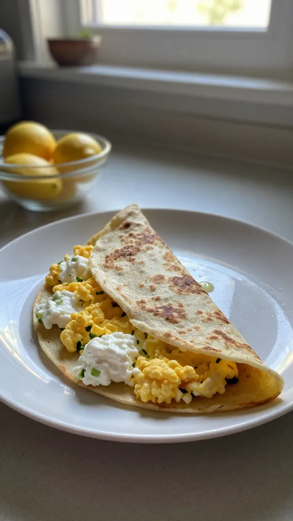 A real, authentic photo of a Lemon-Egg Cottage Cheese Breakfast Tortilla as the main subject, taken with an iPhone in natural window light. Casual, slightly imperfect composition: a sunlit kitchen counter with a tortilla folded half, showing soft scramble eggs with creamy cottage cheese pockets, flecks of chives, and a hint of lemon zest visible. A small bowl of fresh fruit off to the side and a faint touch of lemon juice gleam on the plate. Subtle, realistic imperfections: slightly overexposed highlights from the window, a tiny bit of lens flare, minor motion blur from a quick snap, natural grain varying with light, a gently tilted horizon, and a fingerprint on the lens. The image should feel un-staged, captured in a hurry, with no staged props or posing. Composed to resemble “shot quickly” with “no staging,” compressed 1080p quality, no text on the image, no mention of cinematic or studio lighting, and a casual, everyday meal vibe. Optional light post-processing to mimic simple, non-AI edits: slight smart blur with gentle sharpening, recolored with a flat, natural palette.