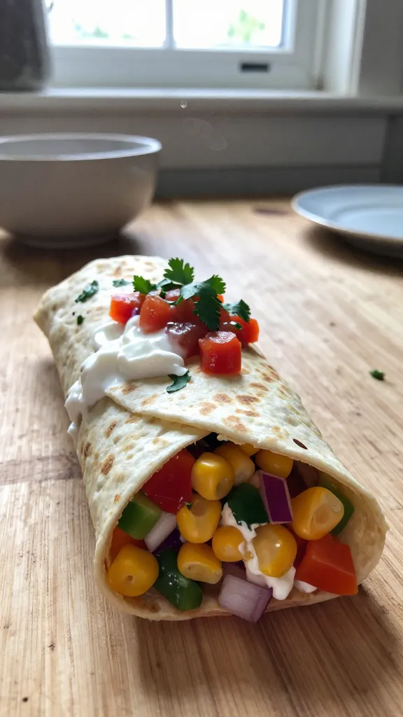 A real, authentic photo of a Loaded Fiesta Egg Cottage Cheese Wrap as the main subject, presented in a casual, handheld-style kitchen scene. The wrap should be sliced into coins to showcase colorful veggies (corn, bell peppers, red onion) and a visible dollop of salsa with a light sprinkle of cilantro. Include a dollop of sour cream or Greek yogurt visible on the side and a few cilantro leaves for color. Set in natural window light with soft, warm tones, a lightly textured wooden countertop, and casual props like a chipped ceramic bowl and a simple plate. Shot as if taken quickly with an iPhone, with slight imperfections: gentle overexposed highlights, subtle lens flare from the window, a small amount of motion blur from a hand-held angle, and a mildly tilted horizon. Grain present to reflect low-light, 1080p-ish quality, no staging or studio feel, no visible text on the image, no words. Optional: faint fingerprint smudge on the lens for realism, and a hint of post-processing that makes it look lived-in but not polished (scaled down and up, slight smart blur with a touch of sharpening, color slightly flattened).