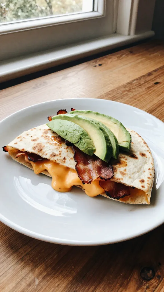A casual, authentic breakfast scene featuring a bacon, cheddar, and avocado quesadilla cut in half on a simple white plate. The plate sits on a rustic wooden table by a window, with natural morning light spilling in and creating gentle, soft shadows. The scene captures a relaxed, no-staging moment: melted cheddar oozing slightly from the crisp tortilla, visible crispy bacon bits, and vibrant avocado slices fanned on top. Include a few imperfect details for realism: a fingerprint smudge on the plate, tiny crumbs, slight grain in the image, occasional overexposed highlight from the window, and a faint lens flare near the edge. The photo should look like it was taken quickly with an iPhone, in 1080p quality, with a slightly tilted horizon and minor motion blur from a casual hand movement. No text on the image. Optional subtle post-processing hint: colors mildly desaturated, slight sharpening and a soft, flat color wash to emulate a quick, real snapshot. The main subject should clearly convey the "Bacon, Cheddar, and Avocado Bliss" breakfast vibe, as if the viewer caught a real, tasty bite in a hurried morning moment.