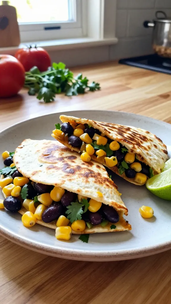 A real, authentic photo of a Southwest Veggie Fiesta Quesadilla on a casual kitchen counter, shot as if by an iPhone in natural window light. The main subject is a colorful quesadilla cut into wedges, loaded with corn, black beans, cilantro, and lime, with visible tortilla edges and a lightly melted, glossy filling. Include a bright, market-color palette: golden corn kernels, dark beans, green cilantro, and a lime wedge nearby. The scene should feel everyday and unfussy: a chipped ceramic plate, a softly blurred background of a sunlit kitchen, a wooden countertop, and a few fresh ingredients scattered (tomatoes, cilantro stems, a lime half). Capture natural, imperfect details: slight overexposure on the queso edges, gentle lens flare from the window, a small motion blur if something in the foreground moved, and a subtle grain that varies with the light. Horizon slightly tilted; no staging or posed pose. No text visible on the image. The vibe is “shot quickly,” “taken in a hurry,” “fingerprint on lens” hints, “compressed, 1080p quality,” with a touch of post-processing that looks like casual editing but not obvious. The main subject should be clearly identifiable as the quesadilla, emphasizing the vibrant fillings and rustic presentation.