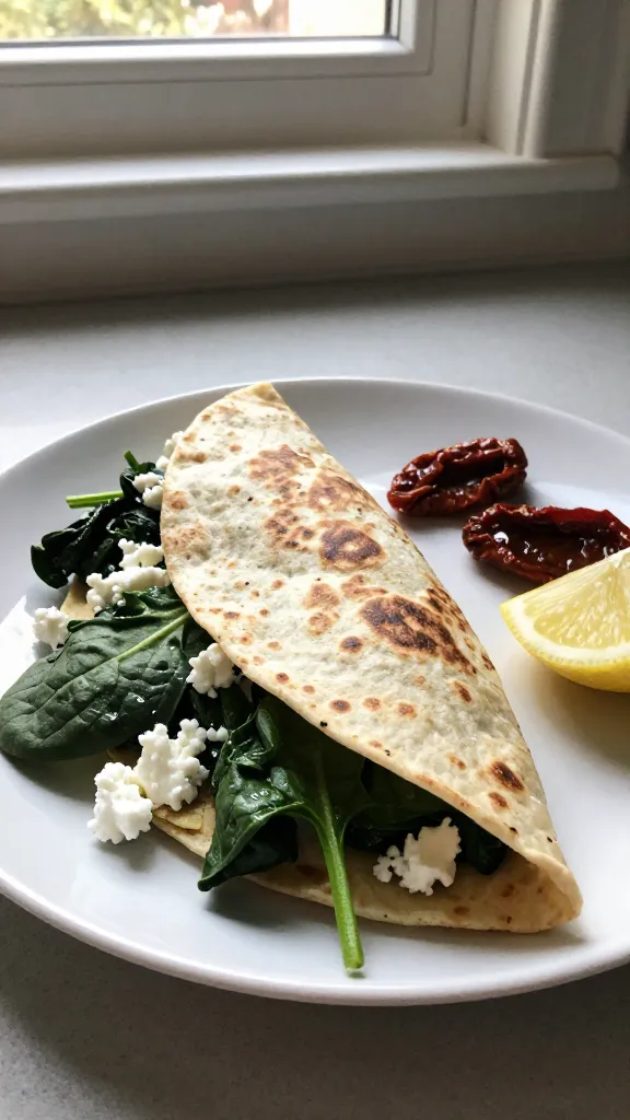 A real, authentic photo of a spinach and feta breakfast quesadilla being prepared and served, with the main subject reflecting a Spinach and Feta Morning Glow from the article. The scene shows fresh spinach leaves, crumbled feta, and a tortilla, with sun-dried tomatoes as an optional accent. The plate sits on a kitchen counter near a natural window with soft morning light, casual composition, and a slightly imperfect, lived-in feel. Capture the tortilla being folded or cut to reveal the wilted greens and tangy feta, with a light squeeze of lemon or lime in the frame. Slight imperfections to convey realism: finger‑prints on the lens, a few overexposed highlights from the sun, gentle lens flare, minor motion blur from a quick snap, and a slightly tilted horizon. Include realistic phone-camera characteristics: compressed, 1080p quality, natural grain varying with light, and no obvious staging. Optional subtle post-processing hints: minimal color adjustment, not overly sharp, to maintain a casual, un-polished look. No text on the image.