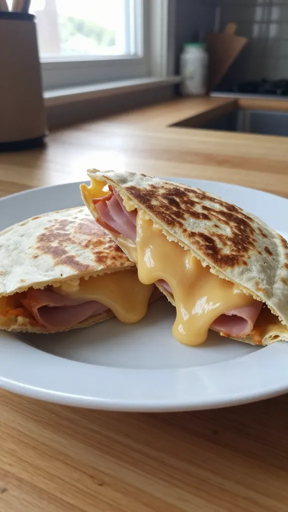 A real, authentic photo of a ham and Swiss breakfast quesadilla on a plate, cut open to reveal melted Gruyère and Dijon-spread ham, with a close-up view that captures gooey cheese strings pulling from the tortilla. The scene is shot quickly in natural window light, with casual composition: a slightly tilted horizon, a few kitchen items blurred in the background, and a subtle, imperfect realism. Use an iPhone-like handheld perspective, slight overexposed highlights on the cheese, a touch of lens flare from the window, minor motion blur on the edge of the plate as if moved slightly, and grain that varies with the light. The plate sits on a light wooden counter with a softly blurred kitchen in the background, no staged setup, no text on the image. Include fingerprint on lens and a hint of post-processing that looks like “scaled down and up again, slight smart blur with sharpening,” giving a natural, everyday breakfast vibe. Composed to feel like a quick, candid morning shot, 1080p quality, no words.