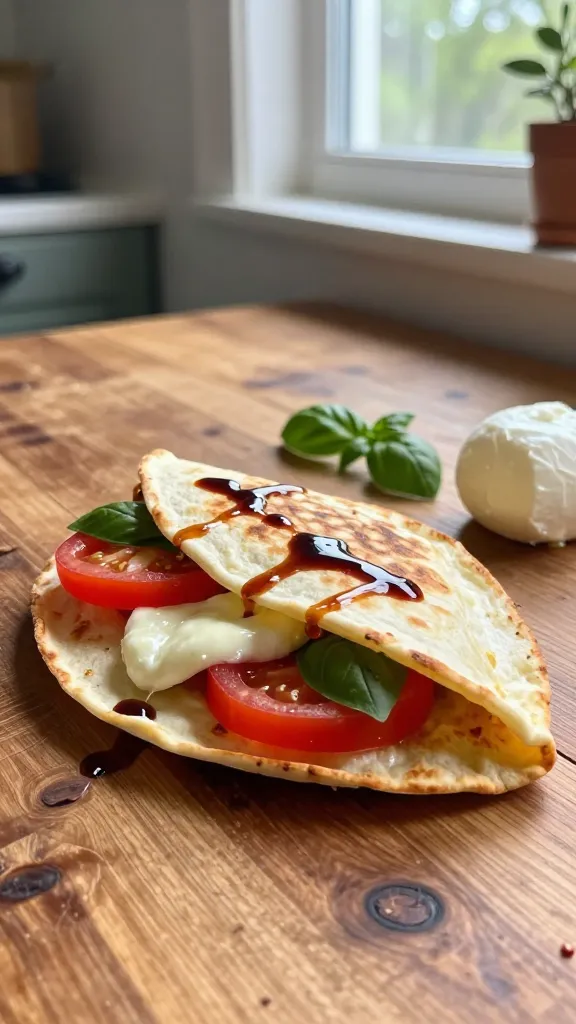 A real-looking breakfast scene featuring a Caprese breakfast quesadilla as the main subject, laid on a rustic wooden table by a sunny kitchen window. The tortilla is toasted golden brown, lightly folded with visible melted mozzarella, bright red tomato slices, and fresh basil leaves peeking out. A drizzle of balsamic reduction glistens on top, with a few basil leaves scattered nearby and a small side of extra mozzarella. The scene should feel candid and homey, like a casual weekend moment, not staged. Capture natural window light casting soft shadows, slight overexposed highlights on the glossy mozzarella, and a casual, imperfect composition with a slightly tilted horizon. Include realistic phone-camera imperfections: minor finger smudges or fingerprint on the lens, a touch of motion blur from a quick hand move, slight grain from the light, and a subtle lens flare from the window. The photo should read as an authentic iPhone grab: compressed 1080p quality, no text, no heavy retouching. Optional very light post-processing hints: a tiny bit of mild smart blur and a gentle color tweak, but no obvious edits. Avoid cinematic, 8k, hyper realistic, studio lighting, or any words on the image.