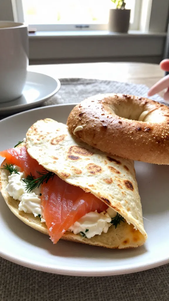 A realistic photo of a Smoked Salmon and Cream Cheese Breakfast Quesadilla inspired by an airy bagel vibe, assembled on a casual plate with a crispy quesadilla shell, featuring smoked salmon slices and dollops of cream cheese or soft cheese spread, and bright hints of dill or chives. Shot as if captured in a real morning moment: natural window light streaming in, warm and soft, with a slightly imperfect, everyday breakfast setup. The main subject should resemble a real, edible quesadilla folded or halved to reveal creamy filling, with visible textures of melty cheese, tender salmon, and fresh herbs. Include casual kitchen elements in the background—a coffee mug, a white ceramic plate, a lightly textured placemat, and a blurred countertop—without looking staged. Camera feel: taken in a hurry, no staging, finger smudges or tiny crumbs for realism. Use slightly overexposed highlights on the edges of the quesadilla, a subtle lens flare from the window, and a touch of motion blur from a quick hand movement or a passing hand in the frame. Grain should vary with the light, and the horizon could be slightly tilted for a candid vibe. Avoid any cinematic or overly polished look; go for compressed, 1080p quality that resembles a quick snapshot from an iPhone. Optional subtle post-processing hint: a light, natural touch that hints at post-editing (e.g., slight color boost and a gentle soften then sharpen) but not overt, keeping the image looking like real life. No text on the image.