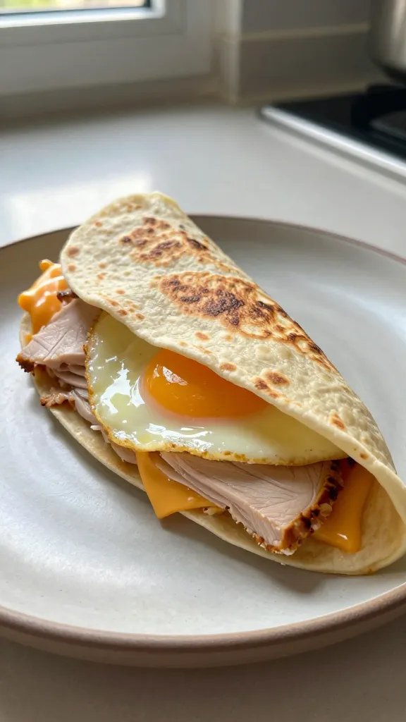 A real, authentic-feeling breakfast scene of a turkey & egg melt: a thin tortilla wrap gently toasted with layers of sliced leftover turkey, a sunny-side egg tucked inside, and melted Swiss cheese peeking through, all presented as a casual morning bite. The main subject is the finished melt held or plated simply on a rustic breakfast plate with a few kitchen-counter elements in the background. Shot as if taken quickly with an iPhone, not staged, with natural window light streaming in from the side, creating soft shadows and a warm, everyday vibe. Slight imperfections: a few overexposed highlights on the cheese edge, subtle lens flare from the window, minor motion blur from a casual hand movement, a touch of grain in the lighter areas, and a slightly tilted horizon. The image should feel compressed, 1080p quality, like a candid snap taken in a hurry, with no obvious text, logos, or studio setup. Include fingerprint smudges on the lens and a hint of post-processing that keeps it realistic but not over-polished (softened shadows, slight color lift). No words anywhere in the image.