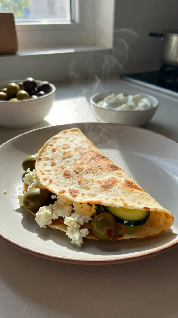 A real, authentic photo of a Greek-inspired feta and veggie quesadilla as the main subject, photographed like a casual breakfast moment. The quesadilla should be on a simple plate with visible olive slices, feta crumbles, and cucumber ribbons peeking out, showing a Mediterranean vibe. Natural window light streams in, casting soft, imperfect shadows and a warm, inviting tone. Casual, slightly imperfect composition: a hint of browning on the tortilla edges, a few crumbles on the plate, and a casual fold showing steam. The scene sits on a sunlit kitchen counter with a blurred background hinting at a bowl of olives and a small dish of yogurt-dill sauce. Include realistic phone-camera imperfections: a touch of overexposed highlights from the window, light lens flare near the edge, minor motion blur from a gentle, quick hand movement, subtle grain varying with the light, and a slightly tilted horizon. No staging or obvious art direction, as if taken in a hurry, a quick grab-and-go moment. The image should feel like 1080p phone capture (scaled down and up again feel) with fingerprints on the lens and a natural, everyday breakfast vibe. No text on the image.