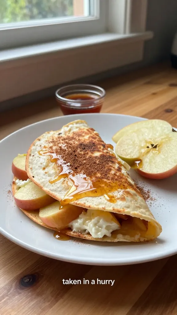 A real, authentic breakfast photo of a Sweet Cinnamon Apple Quesadilla as the main subject, designed to look like an iPhone shot. The quesadilla is shown on a simple white plate resting on a wooden kitchen table near a windowsill, with natural morning light streaming in. The shell is lightly toasted to a golden brown, with thinly sliced apples peeking through, a creamy layer of cream cheese or ricotta visible where the cheese melts into a glossy glaze, and a light dusting of cinnamon sugar. A tiny drizzle of maple syrup glints on the surface. The composition is casually arranged: a half-assembled quesadilla half-folded, one corner slightly open to reveal the filling, a small ramekin of maple syrup nearby, and a few apple slices tastefully placed to hint at the filling. The photo should feel real and candid, as if taken quickly on an iPhone: natural window lighting, slight overexposed highlights on the glossy crema and syrup, minor lens flare from the sun, a touch of motion blur from a casual hand, and a slightly tilted horizon. Include realistic phone-camera imperfections: fingerprint smudges on the lens, subtle grain due to light, minor compression artifacts, and a slightly imperfect focus that keeps the main subject sharp while the background remains a touch soft. No staged setup, no text overlays, no branding. Caption-like vibe with “shot quickly” energy, “taken in a hurry,” and “fingerprint on lens” ambiance, with a 1080p-style, screenshot-like quality and no professional photography cues. Optional light post-processing hints: a gentle, natural-sounding color balance that’s slightly flattened, with a tiny touch of sharpening and a low-contrast look that preserves realism. Ensure the image conveys a cozy, approachable breakfast moment, centered on the cinnamon apple quesadilla, ready to be enjoyed.