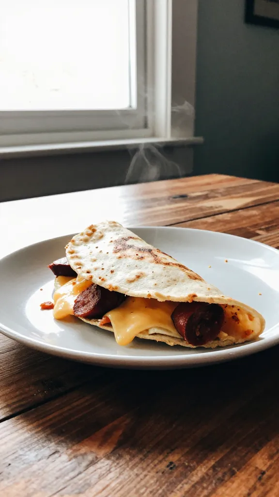 A real-looking photo of a Mexican chorizo and egg breakfast quesadilla served as a bite-sized mini feast, handheld on a small plate with melted cheese visible and chorizo pieces peeking through, captured as if in a casual morning kitchen. Shot quickly, in natural window light, with a slightly imperfect, everyday vibe: warm tones, a bit of steam rising, a few stray tortilla bits on the plate, and the plate set on a rustic wooden table near a sunlit window. No staging or studio setup; casual composition with a slightly tilted horizon. Include realistic phone-camera imperfections: slight overexposed highlights from the window, minor lens flare, gentle motion blur from a quick grab, grain variation with lighting, fingerprint on the lens in the corner, and a compressed, 1080p quality look. No text, no words, no 8k or professional terms. Optional subtle post-processing hint: a tiny, offhand touch of desaturation and a slight blue-green wash to mimic casual smartphone edits, but still looking like an everyday iPhone photo taken in the moment.