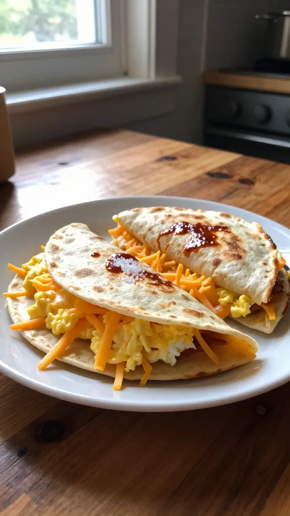 A real, authentic photo of a classic sunrise egg quesadilla as the main subject, prepared and plated on a casual kitchen counter. The scene shows two eggs scrambled with a pinch of salt, shredded cheddar or Mexican blend cheese, and a warm tortilla folded to a quesadilla, with a light kiss of hot sauce optional. The tortilla is lightly melted with cheese showing through, and the plate sits on a rustic wooden table near a softly lit kitchen window. Natural window light casts gentle, uneven shadows and warm tones, with slight overexposed highlights on the cheese and edges of the tortilla. The composition is casual and unposed: a finger resting near the plate, a perhaps slightly crooked horizon, and minor elements that suggest everyday life. Subtle camera imperfections are present: slight motion blur on the edge of the tortilla, faint lens flare from the window, a touch of grain in the shadows, and there may be a fingerprint smudge on the lens. The image is compressed, 1080p quality, with a slightly tilted angle and no staged styling. No text on the image. Optional very light post-processing that hints at a natural, non-artificial look without removing authenticity.