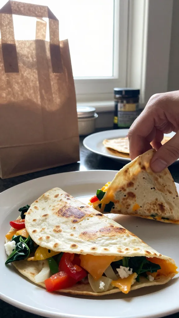 A real, authentic photo of a veggie-loaded egg quesadilla breakfast in a to-go friendly setting, featuring peppers, onions, spinach, and a hint of feta, with a warm tortilla and melted cheese. Shot quickly in natural window light for a casual, imperfect feel, like it was taken with an iPhone in a real kitchen on a busy morning. Slight overexposed highlights from the window, small lens flare, minor motion blur from a hurried snap, and subtle grain that varies with light. Slight tilt to the horizon and a few fingerprint smudges on the lens for authenticity. Composition is not staged: a to-go bag nearby, a simple plate, and a hand reaching to fold or pick up a bite; no visible text or branding, no dramatic studio setup. The scene should look compressed, 1080p quality, as if captured in a rush with natural, everyday clutter in the background. Optional light post-processing hints: a tiny bit of smart blur and sharpening combined with a flat, slightly desaturated color tone to avoid an over-polished look. No words or captions in the image.