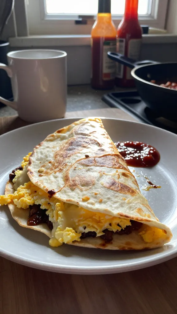 A real, authentic photo of a cheesy chipotle egg quesadilla being made for a quick morning meal, shot as if taken with an iPhone in a casual kitchen. The main subject is a folded quesadilla with melted Monterey Jack or pepper jack visible at the edges, oozing slightly, with a smoky chipotle‑adobo eggs filling just peeking through. The scene is captured in natural window light, casual and imperfect: a slightly tilted horizon, warm daylight streaming in, some gentle overexposed highlights on the cheese and skillet edges, a touch of lens flare from the window, and a fingerprint smudge or minor dust speck on the lens for realism. The quesadilla sits on a plain, slightly worn plate or cutting board on a cluttered counter with everyday kitchen items in the background (a mug, a bottle of hot sauce, a bowl with salsa), all softly blurred to emphasize the food. A small dollop of salsa sits on the side for brightness, visible but not overpowering. The eggs appear softly scrambled yet just set, with the tortilla edges crisp around the perimeter. The photo should feel unposed and taken in a hurry: no studio lighting, no perfect framing, a casual, “shot quickly” vibe, with natural grain and slight motion blur from a quick hand movement or a gentle camera shake. Include realistic camera imperfections: occasional grain variation, slight color noise in the shadows, and a subtly tilted composition. The image should be compressed, 1080p quality, and avoid any words or text overlays. Optional light post‑processing hint: a tiny touch of smart blur and minor sharpening to mimic casual editing, but keep the look natural and unpolished. No AI watermark or labels.