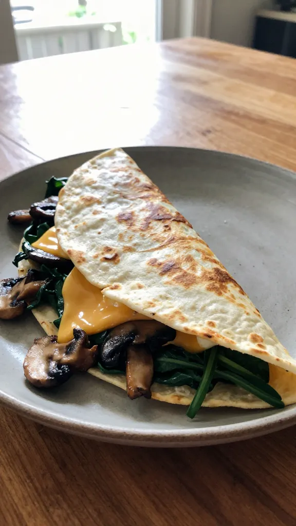 A candid, real-feel photo of a spinach, mushroom, and Swiss cheese egg quesadilla in a warm tortilla, plated on a rustic plate with a few greens peeking out. The scene should clearly convey a quick, brunch-like vibe: mushrooms sautéed to golden brown, vibrant wilted spinach folded with melted Swiss cheese, and a gentle, glossy cheese pull. Shot with natural window light filtering onto a wooden table, casual composition, no staging. Include subtle, authentic phone-camera imperfections: slight overexposed highlights from the window, a touch of lens flare, minor motion blur from a quick transition, grain that varies with the light, and a slightly tilted horizon. No text on the image. The overall feel should be “shot quickly,” “taken in a hurry,” as if captured on an iPhone in a cozy kitchen moments before serving. Composed with a compressed, 1080p quality look, hinting at fingerprint on lens and a casual, imperfect vibe. Optional subtle post-processing cues: slight smart blur with gentle sharpening and a flat color mix to reduce AI-detection signals, but still authentic.
