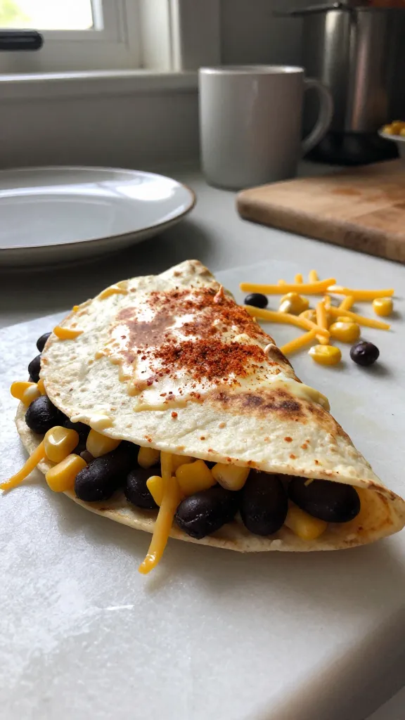 A real, authentic photo of a Tex-M-Morning Fiesta quesadilla breakfast on a casual kitchen counter, featuring a folded quesadilla with black beans, corn, and melted shredded cheese, bursting with warm colors from chili powder or cumin. The scene should look like it was shot quickly on an iPhone, with natural window light coming from the side, casual composition, and a slightly imperfect, lived-in vibe. Include everyday kitchen elements in the background: a ceramic plate, a mug, a wooden cutting board, and a few loose corn kernels or beans for texture. Capture slight overexposed highlights on the cheese and tortilla edges, a subtle lens flare from the window, minor motion blur from a casual hand-held moment, and a touch of grain that varies with the light. The horizon should be gently tilted, and the image should feel compressed, 1080p quality, as if taken in a hurry with no staging. Avoid any text on the image, and keep it natural with no obvious post-processing or AI-like perfection. Optional subtle post-processing hint: a tiny bit of smart blur with gentle sharpening to simulate a quick, real photo taken on an iPhone. No words, no labels, just the scene.