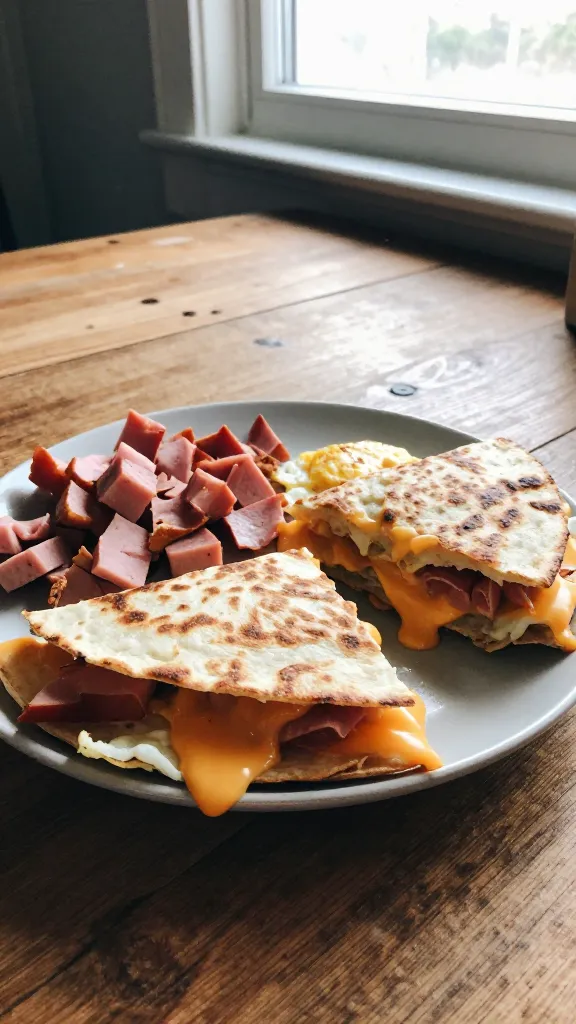 A casual, home-kitchen breakfast scene featuring a plate of ham and pepper jack breakfast quesadilla slices on a simple plate, with melted pepper jack visibly oozing at the edges, accompanied by diced ham pieces and a couple of eggs tucked underneath, all on a rustic wooden table by a kitchen window. The photo should look like an authentic iPhone snap: natural window light casting soft shadows, slight overexposed highlights on the melted cheese, a subtle lens flare from the window, a tiny bit of motion blur from a quick hand movement, and a faint grain that varies with the light. The horizon should be slightly tilted, with no staging: items casually arranged as if grabbed in a hurry, a faint fingerprint smudge on the lens, and a hint of compression giving a 1080p-ish, real-life texture. No text on the image. Optional light post-processing to mimic a casual edit: slight smart blur with gentle sharpening, recolored with a flat, minimal color tweak. The main subject is the ham and pepper jack breakfast quesadilla, presented as a quick, protein-packed morning meal, captured in a real, imperfect iPhone photo.