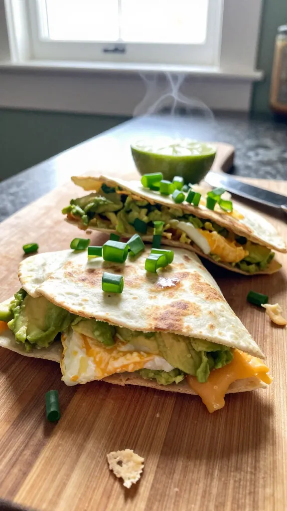 A real, authentic-looking photo of a busy morning kitchen, featuring a close-up shot of a Avocado-Cresco Breakfast Quesadilla on a warm wooden cutting board. The quesadilla is cut into triangles, with creamy smashed avocado spread inside, bright green scallions sprinkled on top, and a light squeeze of lime visible beside it. A couple of eggs and melted cheese peek through the folds, conveying a quick, indulgent vibe. The scene is lit by natural window light, with casual, slightly imperfect composition: a few crumbs, a bite taken, a small knife nearby, and a hint of steam rising. Slightly overexposed highlights on the avocado and cheese, minor lens flare from the window, and a tiny tilt to the horizon for realism. Subtle grain and motion blur from a hand-held moment, no staging, no text, photographed as if taken in a hurry on an iPhone. Include fingerprint on lens and a compressed, 1080p quality feel, like a casual snapshot rather than studio photography; no words, no AI-detection markers. Optional light post-processing hint: gentle color lift and a slight desaturation to mimic a real phone photo, but keep it natural and unfussy.