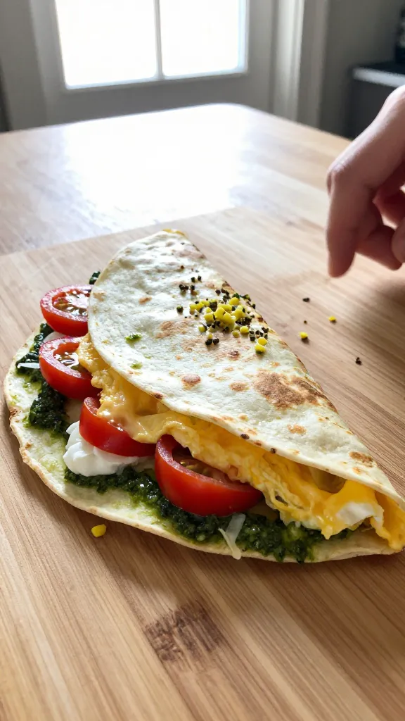 A real, authentic photo of a pesto egg quesadilla for breakfast, shot quickly as if a busy morning moment, featuring a sliced, slightly imperfect quesadilla on a light wooden kitchen table with natural window light streaming in. Include a thin smear of bright green pesto on the tortilla, juicy cherry tomatoes sliced thin, and fresh mozzarella or parmesan shavings visible along the edge. Eggs are folded in with cheese melted to a bubbly, slightly uneven finish. Add a light sprinkle of lemon zest on top after cooking for a citrus pop. Capture a casual, in-the-moment composition: a slightly tilted horizon, mild overexposed highlights from the window, small lens flare, a touch of motion blur from a quick hand placement, and subtle grain that varies with the morning light. No staging, no words or text on the image. Include realistic phone-camera imperfections: fingerprint smudges on the lens, a compressed 1080p quality feel, and hints of post-process that look like a quick edit (scaled down and up, slight smart blur with gentle sharpening) to avoid an overly pristine look. The main subject should clearly be the pesto egg quesadilla, with the plate or wrap occupying the center, and the scene conveying a casual, homey breakfast vibe shot as if snapped with an iPhone.