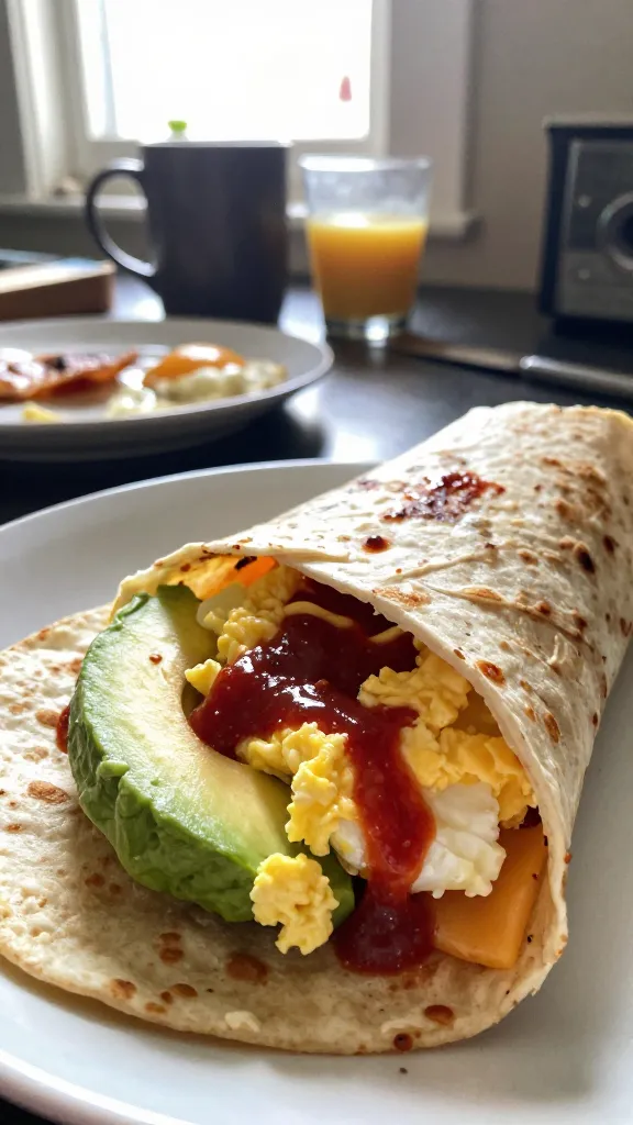 A real, authentic photo of a Spicy Sriracha Sunrise Wrap as the main subject, taken in a casual, home-kitchen setting with natural window light. Capture a quick, no-staging moment: a warm tortilla wrap partially open to reveal fluffy eggs whisked with a dash of sriracha, a creamy slice of avocado on the side, and a melt-ready cheese peeking through. The scene includes a casually placed plate and a few breakfast items in the background, like a mug and a small glass of juice, with slight clutter to feel lived-in. Slightly imperfect composition: a touch of overexposed highlights from the window, a faint lens flare, minor motion blur on the edges, and a subtle grain that varies with the light. Horizon slightly tilted, fingerprint on the lens, and natural color balance that leans toward warm morning tones. The image should feel like a quick iPhone capture, “taken in a hurry,” with no staging, no text, and a compressed 1080p quality vibe. Optional subtle post-processing hints: minimal, to avoid an over-polished look.