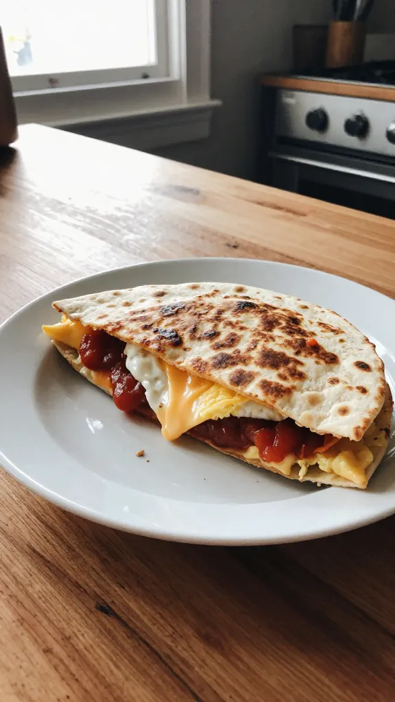 A real, authentic photo of a breakfast quesadilla inspired by Rancheros, snapped as if taken on an iPhone in a cozy kitchen. The main subject is a handheld quesadilla with eggs, a warm layer of salsa, and a soft cheese bridge peeking through, cut in half to reveal the melty interior. Set on a casual wooden counter with natural window light streaming in, slight imperfections in the scene: a crumb or two on the plate, a tiny smear of crema on the tortilla edge, and a gentle, imperfect tilt to the horizon. Capture a "shot quickly" vibe with no staging—belonging to a busy morning. Include realistic phone-camera traits: a few overexposed highlights from the sun, subtle lens flare, tiny motion blur from a quick turn, grainier texture in the shadows, fingerprint smudge on the lens, and a slight color shift from the ambient light. The image should look like a compressed 1080p photo with a casual, everyday feel, not polished or studio-like. No text overlays or words. Optional subtle post-processing hints: a light, natural desaturation and a mild sharpened edge to mimic a quick edit, while preserving the candid, real-camera look.