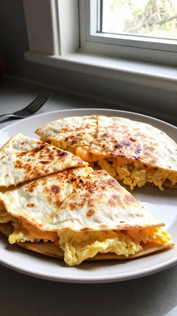 A real, authentic photo of a cheesy egg quesadilla as the main subject, inspired by "The Classic Melt With a Twist" from the article title. Shot quickly with an iPhone, in natural window light, casual composition, and a slightly imperfect, realistic feel. The scene features a golden-brown quesadilla sliced into wedges on a simple, unstyled plate, with visible flaky tortilla edges and melted ooey-gooey cheese peeking through. Scrambled eggs are softly folded inside, with a light dusting of paprika for subtle heat. The plate sits on a casual kitchen surface near a sunny window, capturing warm highlights and gentle shadows. Include realistic phone-camera imperfections: slightly overexposed highlights on the cheese, a tiny lens flare from the window, minor motion blur on a fork resting nearby, and a subtle grain that varies with the light. Horizon slightly tilted, no staging, fingerprint on the lens, and a candid, "taken in a hurry" vibe. The image should resemble compressed 1080p quality, with no text on the photo, and a natural, homey look that feels like a quick snapshot rather than a studio shot. Optional subtle post-processing hint: a tiny, non-obvious touch like slight smart blur with sharpening and a flat color tweak to resemble a real, repurposed photo. No words or branding.