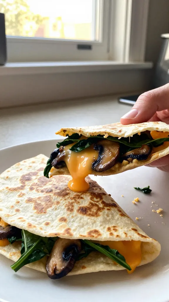 A real, authentic photo of a spinach, mushroom, and cheddar quesadilla being enjoyed as a handheld breakfast. The main subject should echo the article title’s vibe: a veggie-packed bite with melted cheddar visible, folded into a warm, golden-brown tortilla. Scene set on a casual kitchen counter near a sunlit window, with natural window light casting soft, warm tones. Include wilted spinach peeking through and sautéed mushrooms slightly caramelized, with a gooey cheddar fortress visible where the tortilla folds. Slightly imperfect composition: a finger or hand holding the quesadilla mid-bite or about to bite, a loosely placed plate, and a few stray greens and a light dusting of cheese on the surface. Shot quickly, no staging, no studio setup. Realistic camera imperfections: a touch of overexposed highlights from the window, gentle lens flare, minor motion blur from a casual hand movement, grain that varies with light, and a slightly tilted horizon. Compressed, 1080p quality feel with natural warmth, no text on the image. Optional subtle post-processing hints: slight smart blur with sharpening and a muted color balance to mimic a casual, everyday photo. The image should feel like a real iPhone shot, not AI-generated.