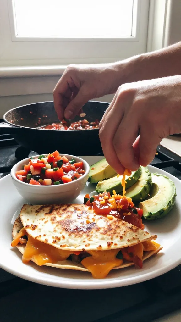 3. Spicy Sunrise Salsa Quesadilla – photo prompt: A real, authentic-looking breakfast scene featuring a spicy sunrise salsa quesadilla as the main subject. An iPhone-shot, casual composition with natural window light streaming in, slight morning glare. A warm skillet on a stove or a simple plate with a crispy-edged quesadilla, melted pepper jack visible, with a small bowl of fiery salsa and a few avocado slices nearby for creaminess. Hands in the frame mid-gesture, as if someone just folded in salsa or sprinkled cheese, to convey a candid, no-staging moment. Slight imperfections: overexposed highlights on the shiny cheese, faint lens flare from the window, minor motion blur from a quick hand movement, grain that varies with the light, a gently tilted horizon, fingerprint smudges on the lens, and a natural, compressed 1080p quality look. Avoid any staged or studio vibe; no words or text on the image. Optional subtle post-processing hint: colors a touch flattened, small smart blur applied, then sharpened to mimic a casual phone photo. Ensure the main subject stands out while the scene feels spontaneous, imperfect, and true to an iPhone capture.
