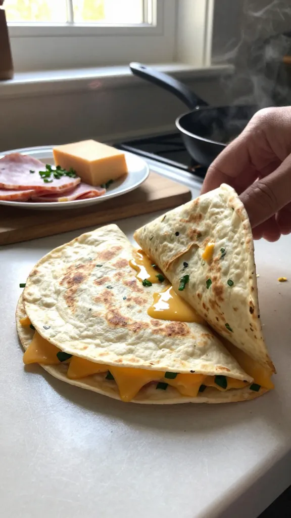 A casual, real-photo style of a ham, cheddar, and chive breakfast quesadilla being cooked and folded in a sunny kitchen. The main subject is the quesadilla itself, folded, with melted cheddar oozing and visible specks of green chives, resting on a lightly toasted tortilla. Surrounding elements include a small plate with thinly sliced ham, a wedge of cheddar, and a sprinkle of fresh chives on a wooden cutting board. The scene captures a moment as if someone just flipped the quesadilla on a skillet, with a hint of sizzling油 and steam rising. Shot quickly with natural window light streaming onto the counter, slight imperfect framing, casual composition. Subtle lens flare from the window, a few minor scratches or fingerprints on the benchtop, and a slightly tilted horizon. Slight overexposure on the bright edge of the tortilla, grain visible in the shadowed areas, a touch of motion blur on a hand holding the tortilla halfway through a fold. The image conveys a cozy, everyday breakfast vibe, no staged setup, no text, no artificial polish, 1080p-like realism, as if captured with an iPhone in a hurry, with fingerprint on lens and a compressed look.