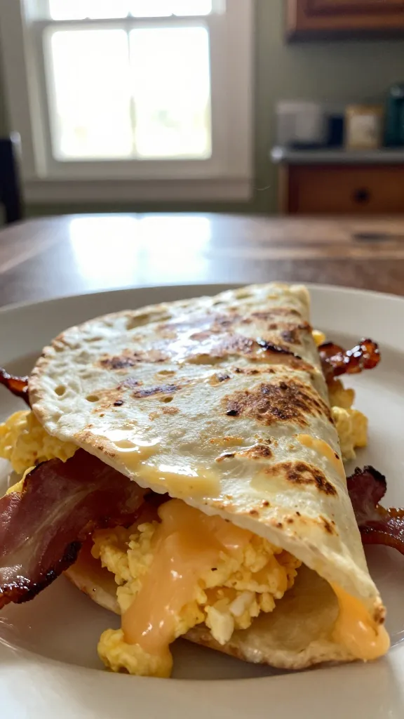 A close-up, authentic iPhone-style photo of a bacon, egg, and double-cream cheese quesadilla on a casual breakfast setup. The main subject is the folded quesadilla with visible melted double-cream cheese oozing from the edges, surrounded by crispy bacon bits and softly scrambled eggs peeking through. The scene is captured with natural window light, a warm, homey kitchen/table setting, and a candid, imperfect feel as if shot in a hurry. Include slight overexposed highlights on the cheese, subtle lens flare from the window, tiny motion blur from a gentle hand shake, and a touch of grain to reflect varying light. The horizon is slightly tilted, and there are fingerprint marks on the lens for authenticity. No staging, no text, no artificial studio elements. The image should resemble a compressed, 1080p-quality, real-life breakfast photo taken with an iPhone, with no words on the image and a casual, everyday vibe. Optional subtle post-processing hint: mild color adjustment and slight smart blur/sharpen to mimic a quick edit, still looking natural and unpolished.