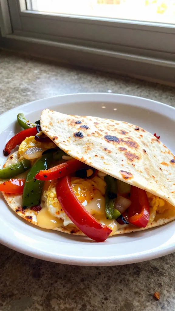 A real, authentic photo of a Fiery Fajita Veggie Quesadilla, as described in the article, captured as if taken on an iPhone in natural window light. Show a sizzling, vibrant plate or wrap featuring bell peppers and onions sautéed with paprika and chili powder, folded eggs integrated for cohesion, and a Monterey Jack or similar creamy melt, with veggies just slightly charred and a tortilla piled with gooey cheese. The scene should feel casual and un-staged: a messy plate or wrap on a rustic counter, warm natural light coming from a nearby window, slight overexposed highlights on glossy peppers, a tiny lens flare, faint grain from low-light feel, and a subtle, imperfect tilt to the horizon. Include subtle fingerprint smudges or minor motion blur from a quick hand movement, and a realistic, compressed 1080p quality look. No text on the image. The overall vibe is “shot quickly, no staging, casual breakfast vibes,” as if snapped in a hurry with an iPhone, with a hint of post-processing that keeps it slightly unpolished but appetizing.