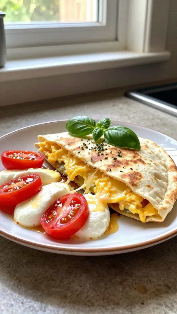 A real, authentic photo styled image of a Caprese Breakfast Quesadilla held on a warm plate with melted mozzarella and sunlit tomatoes, featuring a cross-section showing egg folded inside a lightly toasted tortilla, fresh basil leaves torn on top. The scene is arranged casually on a rustic kitchen counter by a sunlit window, with natural, soft daylight streaming in. Include juicy cherry tomatoes, visibly glossy mozzarella strings, and bright green basil, all presented in a way that looks like a weekend brunch plate ready to eat. The main subject should resemble a real, everyday meal shot: a quick, no-staging vibe, as if photographed with an iPhone. Capture natural window lighting, a slightly imperfect composition, and subtle realism cues: a touch of overexposed highlights on the cheese, gentle lens flare near the edge of the frame, minor motion blur from a quick handheld shot, and a hint of grain that varies with light. The horizon may tilt slightly, and there should be no text on the image. Include fingerprints or dust specks on the lens for authenticity, a compressed 1080p quality feel, and a subtle sense of being photographed in a hurry with the dish slightly off-center. Optional, very light post-processing that hints at minor sharpening and a flat color lift, but no obvious edits that scream artificial. No words, no branding, no labels.