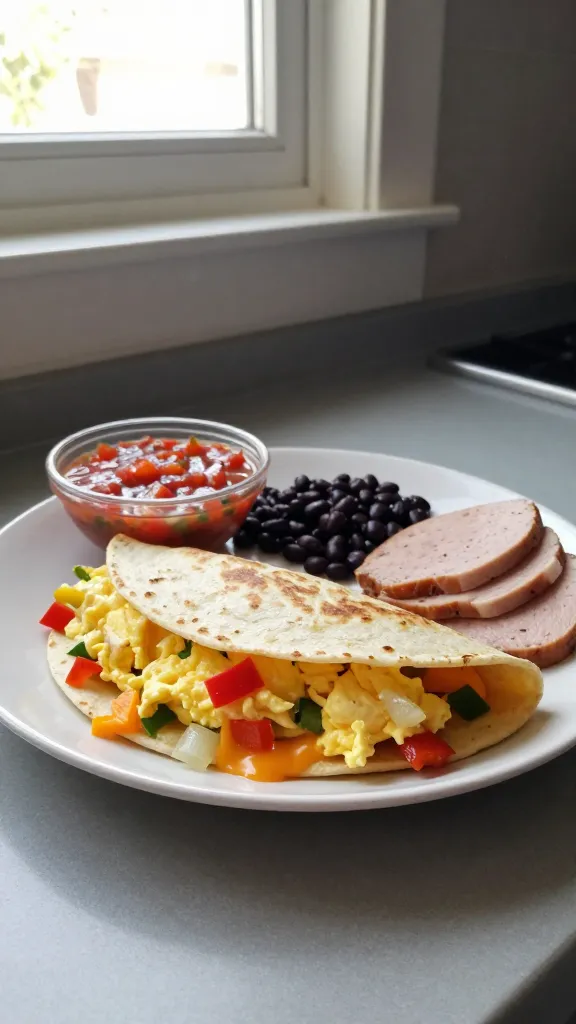 A real-feel iPhone photo of a Sunrise Scramble Quesadilla Fiesta on a simple kitchen counter near a window, showing a fluffy egg scramble folded inside a warm tortilla with a colorful mix of diced bell peppers and onions peeking through, plus a gentle layer of melted pepper jack or cheddar cheese oozing at the edges. The plate sits beside a small bowl of salsa and a few black beans or lean turkey slices in the background for optional protein. Natural window light creates soft shadows, casual composition, and a slightly imperfect, everyday breakfast vibe. The image should look like it was taken quickly, with no staging, featuring slight overexposed highlights from the window, tiny lens flare, and a touch of motion blur from a casual hand shake. Grain varies with light, horizon may tilt a bit, and there may be fingerprint on the lens for realism. The shot is compressed, 1080p quality, with some post-processing hints like slight smart blur and mild sharpening to resemble a real photo. No text, no words, no cinematic or studio-esque cues.
