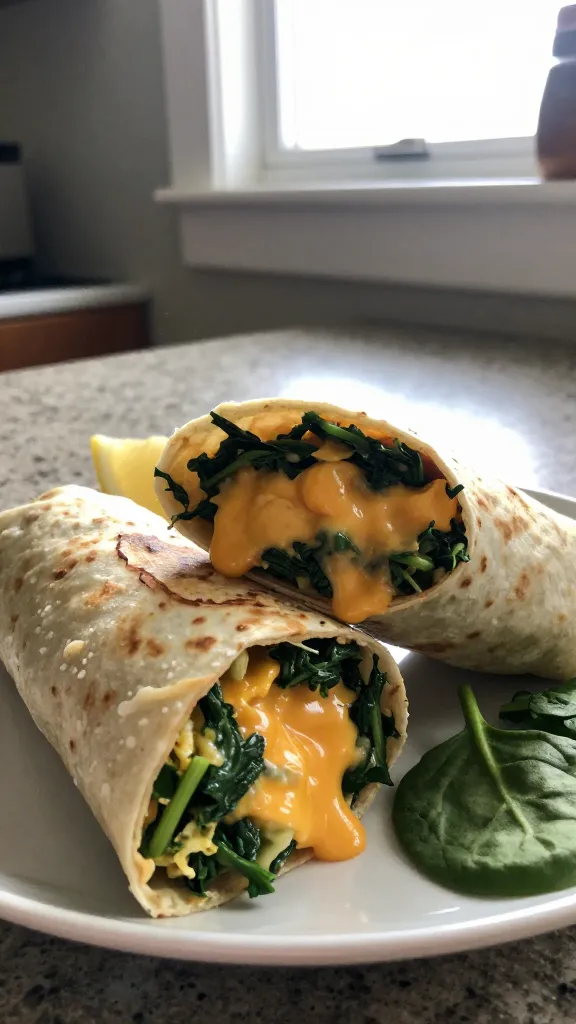 A real, authentic photo of a Cheesy Spinach & Egg Power Wrap on a casual breakfast scene, the main subject clearly the freshly made wrap with melted cheese and bright greens peeking through a warm tortilla. Shot quickly with an iPhone-style touch, natural window light streaming in, casual kitchen counter setup, slightly imperfect and realistic. Slight overexposed highlights on the cheese and greens, light lens flare from the window, minor motion blur from a quick grab, grain visible in the shadows, and a slightly tilted horizon for authenticity. No staging, no obvious AI indicators. The wrap sits on a simple plate with a few spinach leaves nearby, maybe a small wedge of lemon faintly visible in the background. Compressed, 1080p quality, fingerprint on the lens and a hint of post-processing that looks natural (subtle color tweaks, mild sharpening) but no obvious edits. No text on the image.