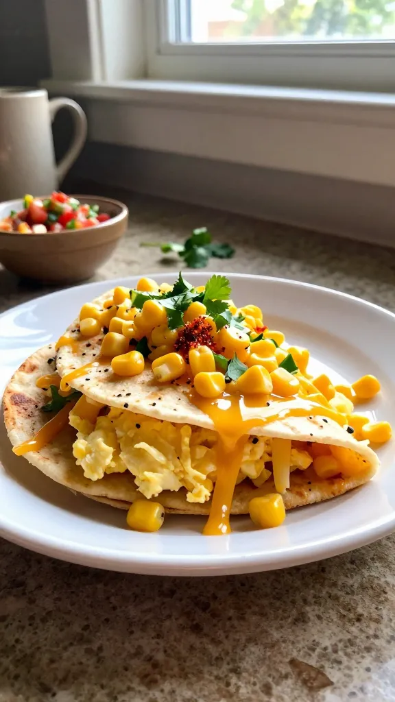 A real, authentic photo of a Southwest Hue: Egg & Corn Salsa Quesadilla as the main subject, with sunny corn, smoky paprika, and a hint of heat. The scene shows a casually plated breakfast on a rustic kitchen counter near a window, with natural daylight casting soft shadows and warm tones. A folded warm tortilla is filled with scrambled eggs, bright corn kernels, a sprinkle of cilantro, and a light drizzle of lime juice, with shredded cheese melting and slightly oozing at the edges. The quesadilla is partially open to reveal the colorful filling, with a few kernels spilled on the plate. The background includes a mug, a small bowl of salsa, and a few cilantro leaves for color. The shot is taken as if by an iPhone in a hurry, with natural window lighting, slight overexposed highlights on the cheese and corn, a gentle lens flare from the window, minor motion blur from a casual, candid moment, and subtle grain that varies with light. The horizon is slightly tilted, and there is a fingerprint or smudge on the lens, contributing to the imperfect, real-life feel. The image has a compressed, 1080p quality and looks like no staging or professional setup, as if grabbed quickly from a busy kitchen counter. No text on the image, no words, and no mention of cinematic or studio settings. Optional subtle post-processing touch may be present: mild smart blur and slight color adjustment to keep the photo looking natural and unpolished.