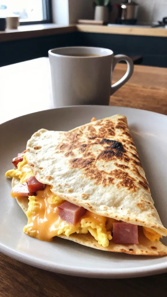 A candid, real-life photo of a ham and egg breakfast quesadilla sitting on a simple plate with a lightly toasted tortilla, melted cheese oozing at the edges, and visible pieces of diced ham inside. The setting feels like a cozy cafe breakfast but photographed as if captured quickly on an iPhone: natural window light streaming in, soft shadows, a casual, slightly imperfect composition. The tortilla is golden-brown with a few darker spots, the cheese is melty and slightly stringy, and you can see bits of scrambled egg folded with ham. The scene includes a mug of coffee nearby and a subtle background of a kitchen counter or wooden table, with the focus on the quesadilla in the foreground. Shot quickly, no staging, finger­print on lens, no perfect symmetry. Slight overexposed highlights on the cheese edges, a touch of lens flare from the window, minor motion blur from a gentle hand shake, and a grainy texture that varies with light. Horizon slightly tilted, giving a natural, documentary feel. The image has the look of compressed, 1080p quality, capturing the everyday realism of a quick breakfast moment. No text on the image. Optional very subtle post-processing: a tiny hint of color punch that doesn’t look glossy, with a mild smart blur and a touch of sharpening to emphasize the melted cheese, while keeping the overall natural, unscripted vibe.