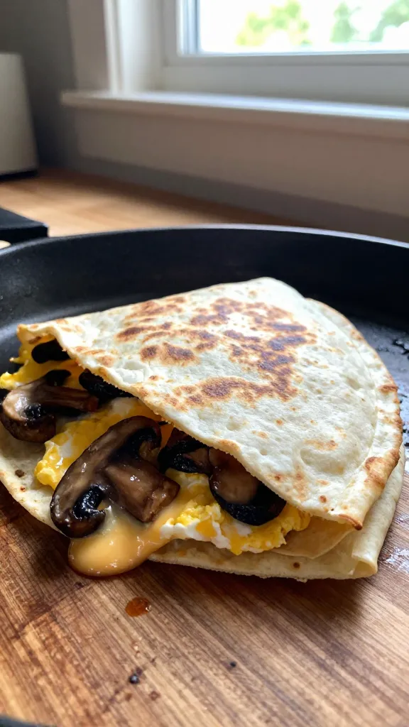 A real, authentic photo of a Mushroom & Egg Umami Morning Quesadilla as the main subject from the article title, captured as if with an iPhone in natural window light. The scene shows a close-up of a half-assembled quesadilla or a freshly plated slice with melted cheese, sautéed deeply browned mushrooms, and visible eggs peeking through a tortilla. Casual composition: a wooden kitchen counter or breakfast skillet setting, slight imperfections in the frame, a sense of "taken in a hurry." Lighting is natural from a window, with gentle, warm daylight and subtle overexposed highlights typical of a quick snap. Include realistic phone-camera artifacts: a few minor lens smudges or fingerprint near the edge, tiny flare in the corner, slight motion blur on a stray utensil, and a slightly tilted horizon. The image should feel like compressed, 1080p quality, with grain that varies with light, and no staged or studio look. No text on the image. Optional subtle post-processing hint: a light, rough bump in contrast and a small, imperfect color tweak to resemble “scaled down and up again” feel, but keep it natural and unpolished.
