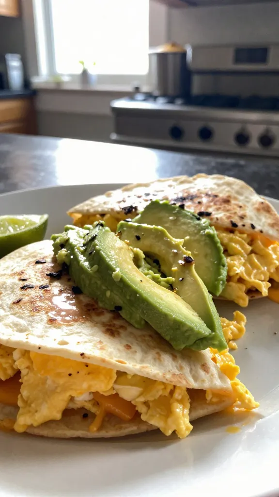 An authentic, real-feeling photo of a 6. Avocado Egg Sunrise Quesadilla as the main subject, photographed as if casually in a kitchen. A warm, bright breakfast scene with natural window light streaming in, showing a close-up of a tortilla quesadilla partially opened to reveal creamy avocado smeared toward the center, with scrambled eggs and melted cheese layers just visible, and a hint of lime and salt nearby. The scene should feel unposed and candid, as if shot quickly in a hurry, with imperfect details: a slightly overexposed highlight on the avocado, a gentle lens flare from the window, a touch of motion blur if someone brushed past, grain that rises with the brighter areas, and a subtly tilted horizon. Include minor details like a fingerprint on the lens and a casual, home-kitchen setup—no staged props, no visible branding. The image should look like a real iPhone photo, compressed 1080p quality, no text, no words, and no heavy post-processing that makes it look artificial. Optional subtle post-processing hint: slight smart blur with light sharpening to simulate real-world processing, but keep the overall natural, immediate feel.