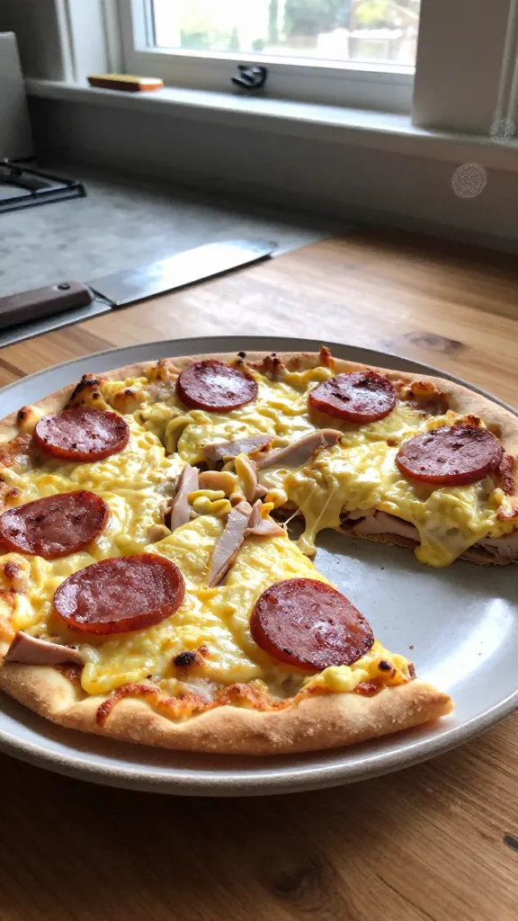 A real, authentic breakfast photo of a Turkey Pepperoni Egg Melt on a rustic plate, sliced into a few overlapping portions to resemble a mini pizza breakfast. The dish sits on a wooden table near a kitchen window, with natural morning light streaming in and casting gentle shadows. The frame captures casual, in-the-moment composition: a slightly cluttered countertop edge in view, a spatula resting nearby, and a few pepperoni slices peeking from under melted cheese. Eggs fluffy and pale yellow, with stringy, melty cheese and thinly sliced turkey pepperoni layered between eggs, all visibly grilled to a light golden crust. Slight overexposed highlights from the window, a touch of lens flare in the corner, minor motion blur from a quick, candid shot, and a few grains visible in the image to convey natural texture. Slightly tilted horizon, no staged pose, finger-tprint-like smudges on the lens, and a compressed, 1080p quality feel. No text, no branding, just a raw, everyday breakfast moment that looks like it was taken with an iPhone in a real kitchen. Optional subtle post-processing hints: a tiny bit of smart blur and light sharpening, recolored to a flat, everyday tone, and then scaled down and back up to subtly reduce AI detectability.