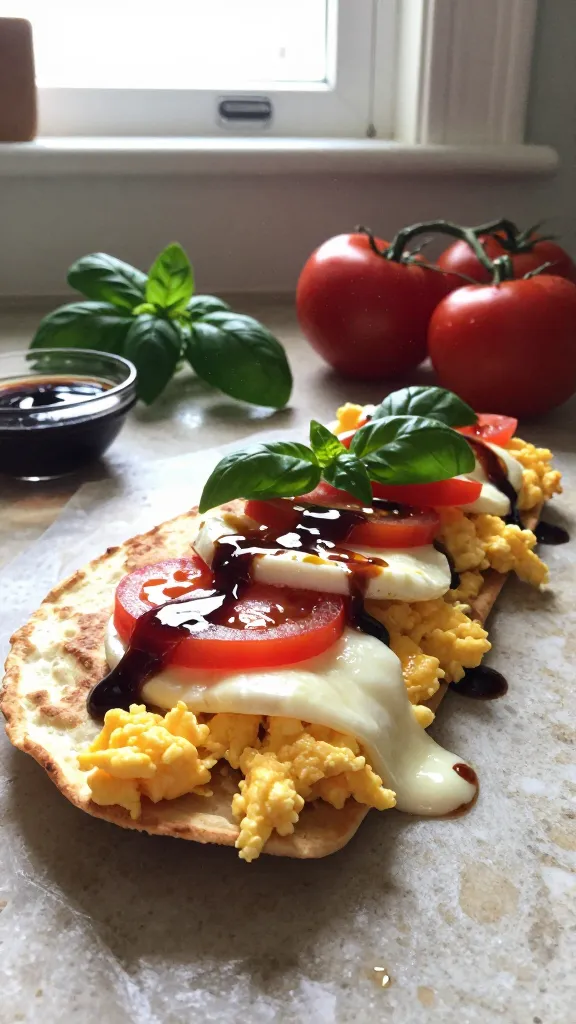 A real-life, candid breakfast photo featuring a Caprese-inspired egg quesadilla as the main subject, placed on a casual kitchen counter near natural window light. The tortilla is golden and slightly crispy, visible melted mozzarella pulling as a bite is taken, with scrambled eggs peeking through and chopped tomatoes, fresh basil leaves, and a glossy drizzle of balsamic or light tomato relish. The scene includes fresh basil, ripe tomatoes, and a small bowl of balsamic on the side, arranged in an imperfect, homey way. Shot quickly, as if taken in a hurry, with no staging. Slightly overexposed highlights and natural lens flare from the window, a few minor specks of dust or fingerprints on the lens, minor motion blur from a casual hand move, and a subtly tilted horizon. Grain varying with light, 1080p quality, screenshot-like feel, compressed, 1080p quality, no text on the image, no cinematic or studio terminology. Optional light post-processing hint: minor smart blur with gentle sharpening and a flat recolor, to emulate a real phone photo that looks human-made and imperfect. No AI-generated cues or obvious edits. The main subject is the Caprese-inspired egg quesadilla itself, presented in a relatable, everyday breakfast moment.