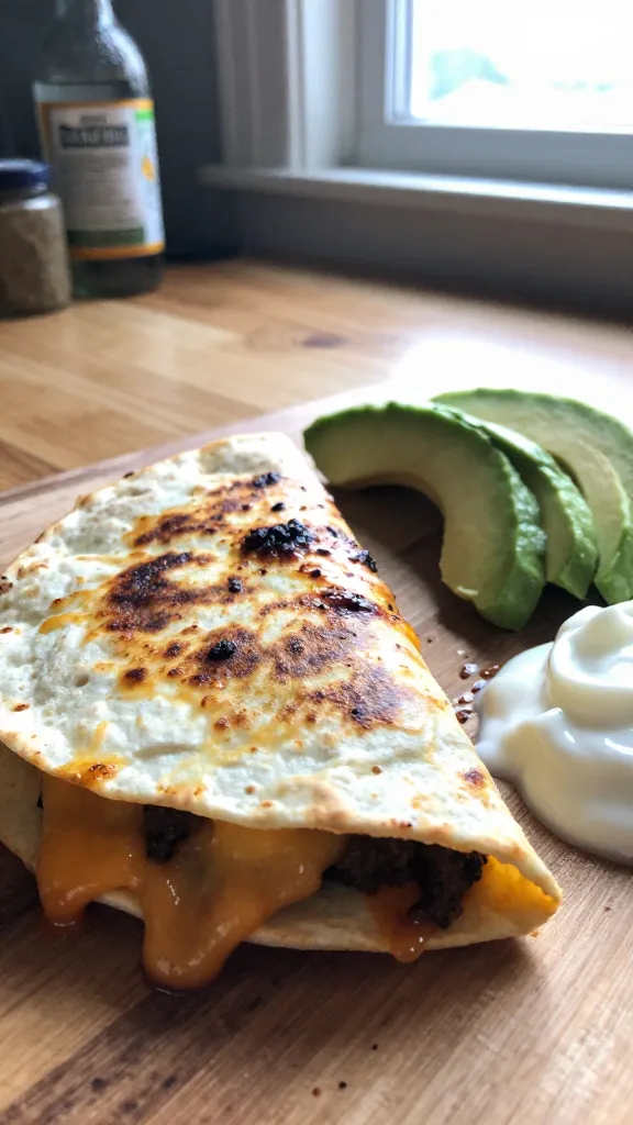A real, authentic photo of a spicy chipotle egg quesadilla as the main subject, captured as if with an iPhone in natural window light. Casual, imperfect composition: a lightly messy breakfast scene on a wooden table near a sunny window, with visible everyday kitchen items in the background. The quesadilla is folded, oozing melted cheese and streaks of chipotle, with a few bright avocado slices and a dollop of yogurt on the side. The scene should feel quick and un staged, as if someone grabbed the moment for a quick breakfast shot. Include natural camera imperfections: slight overexposed highlights from the window, gentle lens flare, minor motion blur from a casual handhold, subtle grain that varies with light, and a slightly tilted horizon. No text anywhere. The image should have a “shot quickly” vibe, “taken in a hurry,” with a fingerprint on the lens and a compressed, 1080p quality feel, as if a real phone photo. Optional light post-processing that hints at AI-detection reduction: very slight desaturation, gentle sharpening, and a flat color tweak, but still looking like a casual, everyday photo. No words, no labels, no staging.