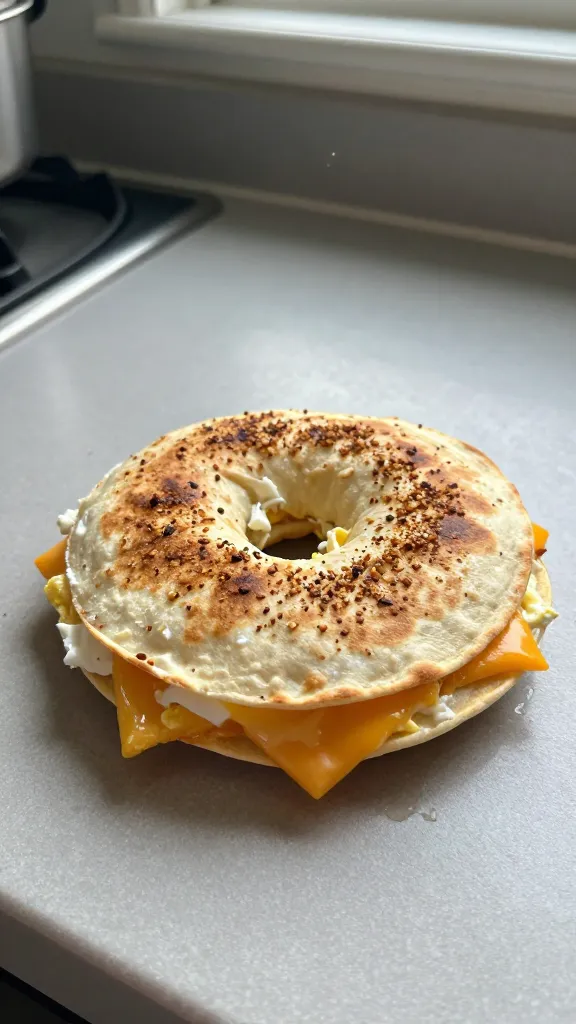 A real, authentic photo of a sizzling Everything Bagel Egg Quesadilla on an imperfect home kitchen counter, taken with an iPhone in natural window light. The quesadilla is folded, with a thin layer of cream cheese visible at the edge and a sprinkle of everything bagel seasoning on top, melted cheese peeking through. The surface shows casual, slightly imperfect details: a few grains of seasoning scattered, a small pool of melted cheese at the edge, and light catching the crisped tortilla edges. The image should feel like a quick, un-staged breakfast shot: no studio setup, hands or utensils momentarily out of frame, a hint of overexposed highlight from the window, and a tiny lens flare or soft dust particle in the corner. Subtle motion blur from a quick stir or a shifting camera angle, a slightly tilted horizon, and natural grain that varies with the light. No text, no words; the scene conveys "taken in a hurry" authenticity with a compressed, 1080p quality vibe (fingerprint on lens, minor imperfections, and no excessive polish). Optional very light post-processing touches that keep it looking real and unaltered. The main subject is the Everything Bagel Egg Quesadilla, front and center, clearly visible as a comforting, protein-packed breakfast.