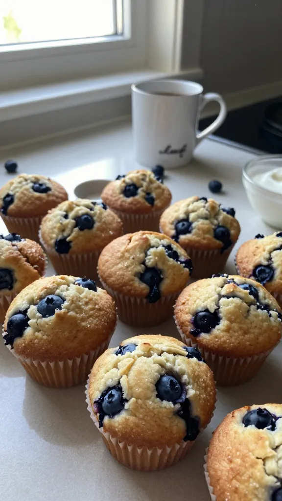 A real, authentic photo of Blueberry-Cottage Dream Muffins, shown on a simple countertop with natural window light streaming in. The main subject is a dozen freshly baked muffins with visible blueberries, tender crumb, and a slight sugar sparkle on top. The scene is shot quickly, no staging, casual composition; a slightly imperfect, lived-in breakfast vibe. Include a few blueberries scattered on the counter and a partially visible mug of coffee or a small bowl of yogurt in the background to suggest a quick breakfast. Use natural, unpolished color tones, warm daylight, and a slightly tilted horizon. Add realistic phone-camera imperfections: a touch of overexposed highlights from the window, minor lens flare, tiny motion blur from a hand moving, subtle grain in the shadows, and a slight fingerprint or smudge on the lens edge. The image should resemble a 1080p, compressed smartphone shot, with no text, no branding, and no CGI look. Subtle post-processing hints: gentle color lift and slight smart blur with light sharpening, but nothing that reads as staged or studio-quality. Ensure the muffins remain the focal point, with a candid, everyday breakfast feel. No words in the image.