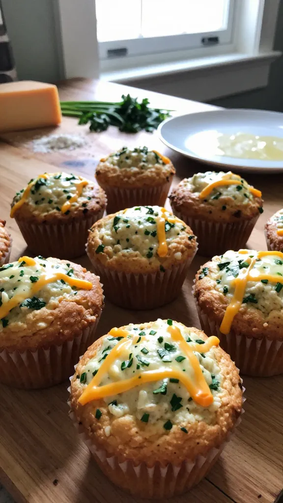 A candid, real-life kitchen scene featuring a batch of Zesty Cheddar Herb Muffins as the main subject, with a close-up of some muffins on a rustic wooden countertop. The photo should look like it was shot on an iPhone in natural window light, with casual, imperfect composition: a slightly tilted horizon, shallow but natural depth of field, and gentle highlights from the window. Include subtle imperfections: a fingerprint on the lens, tiny grain, minor motion blur from gently moved hands, and slight overexposed spots where light hits the cheese. Show the muffins: golden-brown tops, melted cheddar peeking through, specks of fresh chives and parsley in the crumb. A few ingredients scattered nearby (a block of cheddar, chives, parsley, garlic powder) and a simple plate or parchment to imply serving, with no visible text or branding. The shot should feel un staged, like a quick snapshot taken in a hurry, with a casual, homey vibe, and a slightly compressed 1080p quality. Optional subtle post-processing hints: mild color tweak, no heavy retouching, keeping a natural, lived-in look. No words or captions in the image.