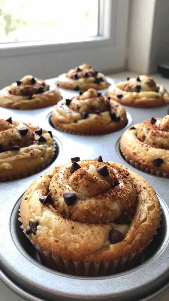 A real, authentic photo of chocolate-chip cinnamon swirl muffins with a cottage cheese twist, the main subject reflecting the article title, captured in natural window light. Casual kitchen setting, slightly imperfect and unposed, as if shot quickly on an iPhone. Include a cinnamon-sugar swirl visible on the tops and tiny chocolate chips peeking through. Use mini chocolate chips to avoid dense pockets, and show a rest moment in batter nearby. Slightly overexposed highlights from the window, gentle lens flare, minor motion blur from a quick grab, and a touch of grain that varies with light. Slightly tilted horizon, fingerprint on lens in the corner, no staging, no obvious AI cues. Compressed, 1080p quality with a hint of post‑processing that looks like a quick edit (scaled down and up again, slight smart blur with sharpening, recolored with a flat paint bucket). No text on the image.
