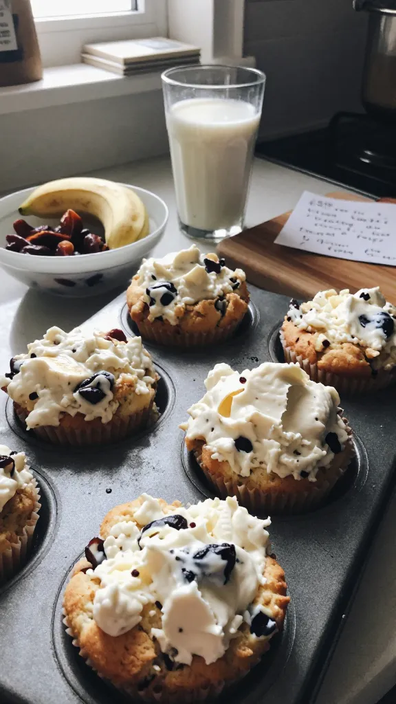 A real, authentic photo of 5. Banana-Date Cloud Muffins with cottage cheese texture, featuring a batch of muffins on a busy kitchen counter right next to a bowl of mashed ripe bananas and chopped dates. The scene is shot with an iPhone in natural window light, casual composition, no staging. Slightly imperfect, with a fingerprints and dust on the lens, subtle overexposed highlights from the window, a gentle lens flare, minor motion blur from a quick handheld shot, and grain varying with light. The horizon is slightly tilted, and the image has a compressed, 1080p quality feel with no visible text. Elements include: creamy, cloud-like muffins with visible specks of dates, a crumbly top, a glass of milk or coffee nearby, a wooden cutting board, and a handwritten note about freezing muffins in the background. Avoid aisles, logos, or branding; ensure there are natural imperfections and a casual, everyday kitchen vibe. Optional subtle post-processing hints: minimal color punch, slight sharpening and a muted, flat overall tone to resemble a quick, imperfect snapshot. No text visible in the image.