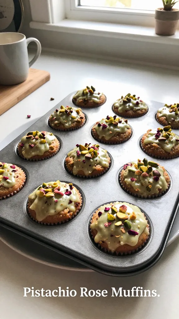 A real, authentic photo of Pistachio Rose Muffins on a casual kitchen counter, featuring the main subject from the article title “Pistachio Rose Muffins.” Shot with natural window light, in an unstyled, candid moment that feels like it was taken for a weekend brunch. A dozen mini muffins sit in a rustic, imperfect muffin tin or on a simple plate, with visible pistachio pieces crushed for texture and delicate rosewater aroma implied by tiny rose petals or a subtle pink hue on the glaze. Include toppings: sliced pistachios on top and a light sprinkle suggesting a touch of orange blossom water. The scene shows everyday kitchen elements: a mug, a wooden board, a crumb or two, a blurred background, and a slightly tilted horizon. Realistic phone imperfections: gentle overexposed highlights from the window, tiny lens flare, minor motion blur from a quick shot, natural grain varying with light, fingerprint or smear on the lens, and a slightly compressed, 1080p quality look. No text on the image. Optional subtle post-processing hint: slight desaturation with a mild color lift, but keep it looking like a candid iPhone capture—no staging, no professional lighting, no deep depth of field.