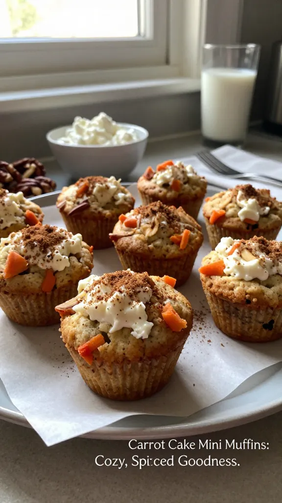 A real, authentic photo of carrot cake mini muffins with cottage cheese, featuring the main subject from the article title “Carrot Cake Mini Muffins: Cozy, Spiced Goodness.” Shot as if taken with an iPhone in natural window light, casual composition, slight imperfections to feel real and un-staged. Display a small batch of gluten-free carrot cake mini muffins on a simple plate or parchment near a sunlit kitchen counter. Include grated carrot bits visible in the batter, specks of cinnamon and nutmeg, and a light dusting of cinnamon on top. Optional additions: a few toasted pecans or walnuts for crunch, a tiny bowl of cottage cheese in the background, and maybe a glass of milk. Ensure the scene looks homey, comforting, and breakfast-forward rather than dessert-only. - Lighting: natural window light, gentle and warm, with subtle overexposed highlights near a window edge. - Composition: casual, slightly angled perspective, no staged perfection, a bit of clutter or everyday kitchen items in frame. - Realistic camera imperfections: slight lens flare from the window, minor motion blur on a utensil or napkin, fingerprint or smudge on the lens, grain that varies with light, slightly tilted horizon. - Resolution and feel: compressed, 1080p quality, “taken in a hurry,” no over-editing; no text on the image. - Optional post-processing hint (subtle): minimal, such as slight smart blur or gentle color tweak to resemble a quick smartphone edit, but keeping it natural and not overly polished.