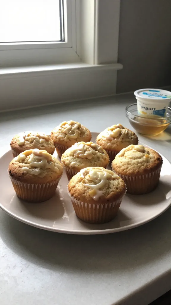 A real, authentic photo of Sour Cream Substitute: Tangy Vanilla Muffins, the main subject from the article title, captured as if photographed casually with an iPhone. Natural window light streaming from the side, a simple kitchen counter setup, slight imperfections to feel truly candid—no staging. The muffins sit in a lightly imperfect arrangement on a neutral plate, with a couple of muffins showing gentle domes and a subtle glaze catching a hint of light. A small bowl of vanilla extract and a container labeled “yogurt” or a sour cream substitute sits nearby to hint at ingredients, but not clearly legible text. The shot has natural lens flare from the window, soft overexposed highlights on the plate rim, and a tiny bit of motion blur from a hurried hand. Grain varies with the light, horizon slightly tilted, and a few fingerprints or smudges on the nearby counter. No words or logos visible. The image feels quick, unstudioed, like a casual snap taken in a hurry, compressed to 1080p quality, with slight post-processing that keeps it looking real and slightly imperfect.