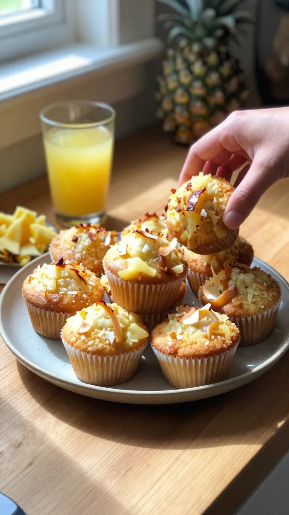 A candid kitchen scene featuring a plate of Pineapple-Coconut Bliss Muffins as the main subject, styled to look like a real, authentic photo taken with an iPhone. Natural window light floods the scene, casting soft, imperfect shadows across the wooden countertop. A loosely arranged muffin stack sits on a simple ceramic plate, with a few toasted coconut flakes sprinkled on top and tiny glints of glaze catching the light. Nearby, a half-finished glass of pineapple juice and a sprinkle of crushed pineapple suggest the tropical filling. The composition is casual and slightly imperfect: a tilted horizon, a fingerprint smudge on the lens edge, and subtle motion blur from a quick hand movement as if someone set down a muffin in a hurry. Slight overexposed highlights on the glaze and a bit of grain from low light add to the realism. No staging, no text, no professional setup. The image should feel like a quick, real-life snapshot: compressed, 1080p quality with a hint of post-processing that retains authenticity—scaled down and up again with gentle sharpening and a flat, natural color balance. Ensure the main subject is clearly identifiable as muffins with a tropical twist, capturing the sense of sunshine and vacation vibes in a home kitchen.