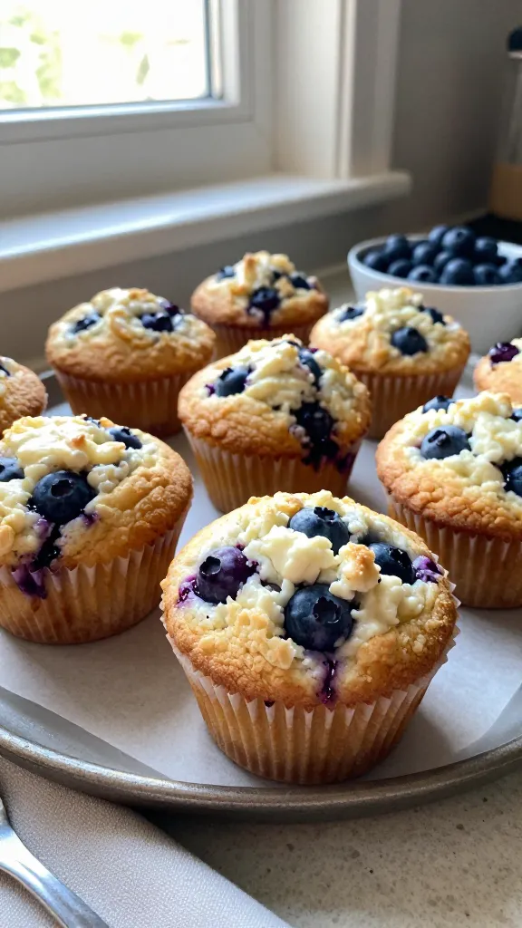 A real, authentic photo of fluffy blueberry cottage cheese muffins arranged on a casual kitchen counter near a sunlit window. The main subject is the muffins from the article title “Fluffy Blueberry Cottage Cheese Hearts” with a focus on their tender crumb and plump blueberries peeking through. The scene feels unposed and natural, as if photographed quickly in a home kitchen. - Lighting: natural window light streaming in, soft and warm, with gentle overexposed highlights on the tops of some muffins, creating a slight sunlit glow. - Composition: casual, slightly off-center placement on a rustic plate or parchment-lined baking tray, some muffins stacked and others spaced apart to emphasize variety; a small bowl of fresh blueberries and a softly blurred background hinting at a cozy brunch setting. - Texture and details: visible crumb texture on the muffin tops, hints of cottage cheese flecks within the batter, blueberries bursting softly without dyeing the batter, a few tiny flour specks on the surface for realism. - Camera feel: iPhone-style shot, no staging, natural imperfections: slight lens flare from the window, minor motion blur on a utensil or napkin in the foreground, graininess that varies with light, a tiny tilt in horizon, and fingerprint or dust motes subtly present. - Post-processing: a light, natural edit that preserves real-world look without heavy filters; no obvious AI signatures, maybe a tiny color shift toward warm tones, but still appearing like a quick, candid capture. Slightly compressed feel, like 1080p quality, with no text overlays. - Mood: cozy, bakery-inspired brunch vibe suitable for weekend mornings, inviting the viewer to imagine biting into a soft, delicate muffin with blueberries popping in every bite. No words or logos in the image.